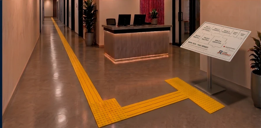 Ambiente com piso tátil e mapa tátil em pedestal